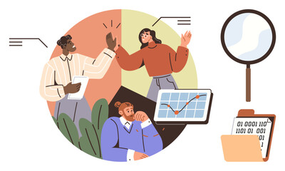 Professionals brainstorming, high-fiving teamwork success, analyzing chart on tablet, magnifying glass highlights binary data. Ideal for teamwork, data analysis, communication, problem-solving