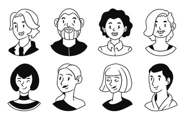Character Avatar Illustrations Featuring  peoples, With Black and White Colors. Isolated on a Transparent Background. Cutout PNG