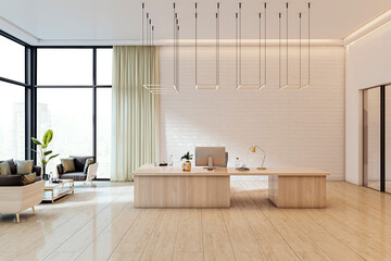 Modern corporate office reception area with wooden desk, city view windows, neutral tones, and...