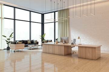 Modern corporate office interior with wooden desk and lounge area featuring city view through large...