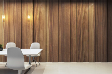 Modern conference room interior with white furniture and wooden panel wall featuring blank...