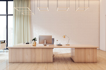 Modern corporate office interior with wooden desk, desktop computer, and stylish lighting in bright...