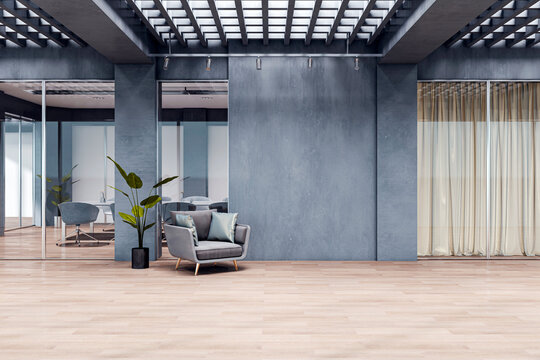 Modern corporate office hallway with seating area, glass walls, and wood flooring under grid ceiling, clean design with blank wall space. 3D Rendering