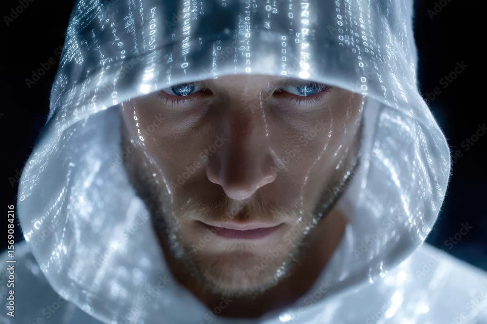 Fototapete digital hooded figure engaged in deep thought surrounded by flowing binary code
