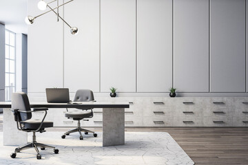 Modern executive office interior with minimalist furniture, large desk, chairs, and clean design in...