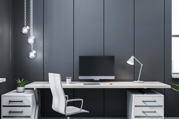 Modern executive office interior with minimalist desk, computer, and lighting in luxury workspace...