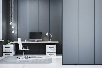 Modern executive office interior with minimalist desk, white chair, and dark wall panels in upscale...