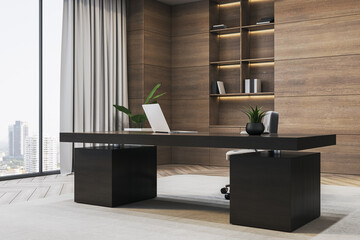 Modern luxury executive office with black desk, wooden walls, built-in bookshelves, city view...