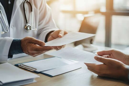Doctor handing health insurance claim form to patient in bright modern clinic office demonstrating healthcare administration billing process and medical insurance coverage discussion