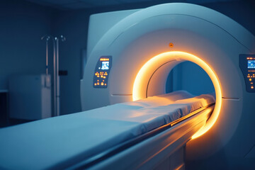 Close up view of advanced MRI machine with glowing interior showcasing modern medical imaging technology and diagnostic equipment in hospital radiology department