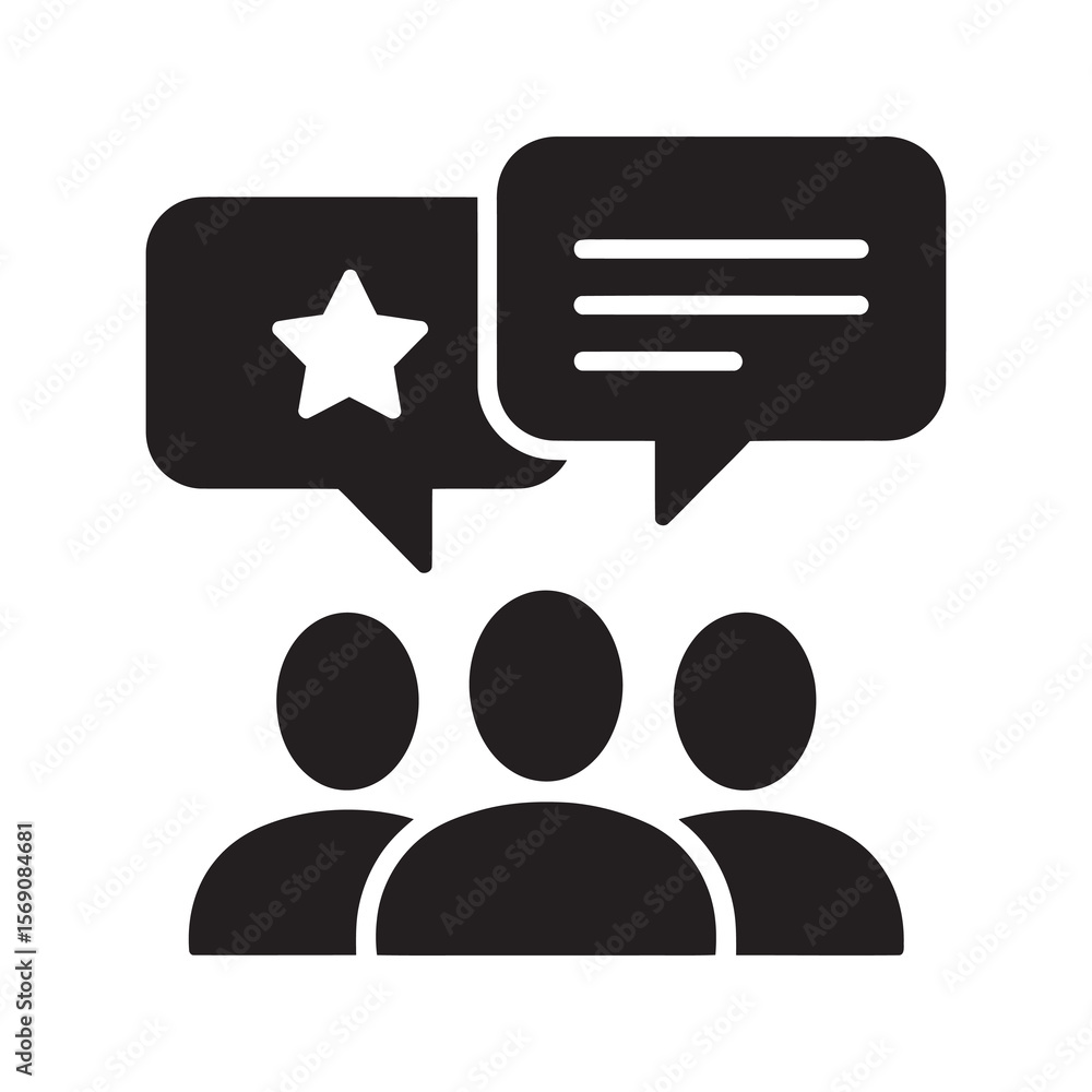 Poster team feedback session icon showing a group of people with speech bubbles and a star representing gro