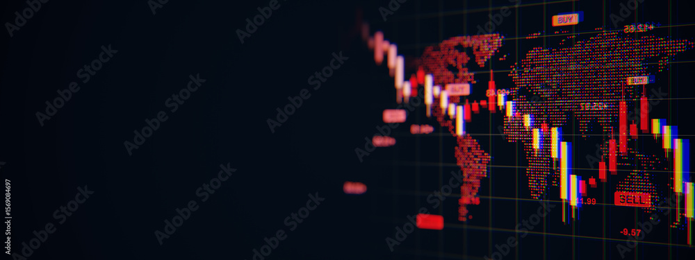 Poster global financial market crash with red downward candlestick chart on digital world map background an