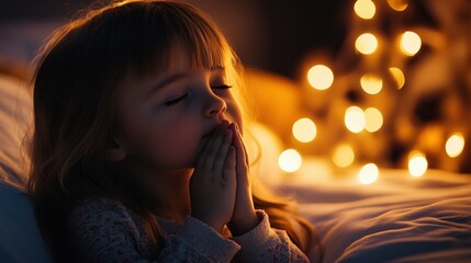 Close up child praying before bedtime in warm comforting bedroom creating peaceful spiritual moment emphasizing faith family values and nighttime devotion ritual
