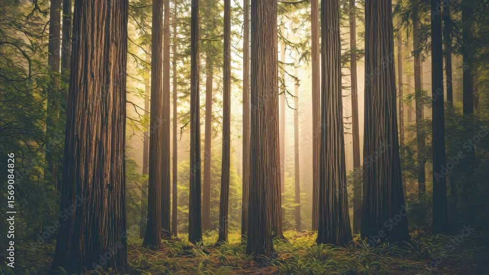 Poster serene forest with towering trees and soft, golden light filtering through.