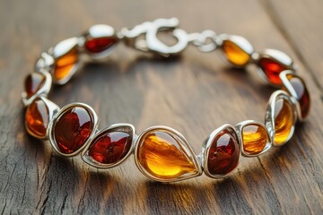 Amber and sterling silver bracelet with organic shapes arranged on polished wooden surface showcasing artisanal jewelry craftsmanship and luxury natural design