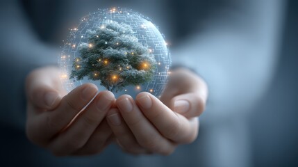 Person immersed in virtual sphere, scrolling social media feeds while nature blurs in the background during a serene moment