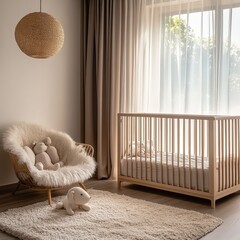 Elegant neutral tone nursery with minimalist aesthetics featuring fluffy rug and wooden baby furniture with Brazilian baby sleeping peacefully for modern interior concept