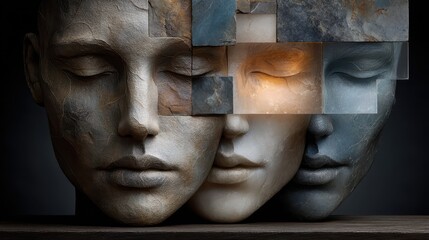 Conceptual sculpture representing generational identities through stone, glass, and light, showcasing internal mental textures of Gen X, Gen Y, and Gen Z