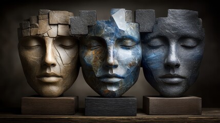 Conceptual sculpture of three heads representing Generations X, Y, and Z in distinct materials reflecting mental textures