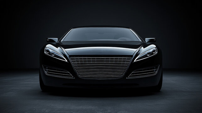 Modern luxury car with aerodynamic design and metallic finish showcased in front view against dark minimal studio background for premium automotive advertising concepts.