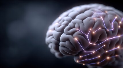 Exploration of digital brain model showcasing neon-lit neural pathways with repeating circuits and cycling thoughts