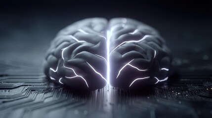Digital brain model featuring neon-lit neural pathways and repeating circuits with trapped thoughts cycling through intricate designs