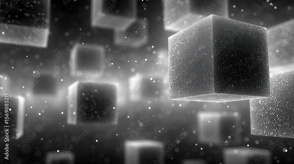 Poster floating cubes within cubes create a recursive metaphor of quantum states, illustrating variations o