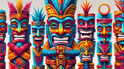 Fototapeta premium Stylized totems with exaggerated faces and bright colors are an image of mythological play, cultural stylism and living absurdity of joy.