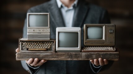 Generation Y person grappling with vintage and modern technology to bridge analog roots and digital demands