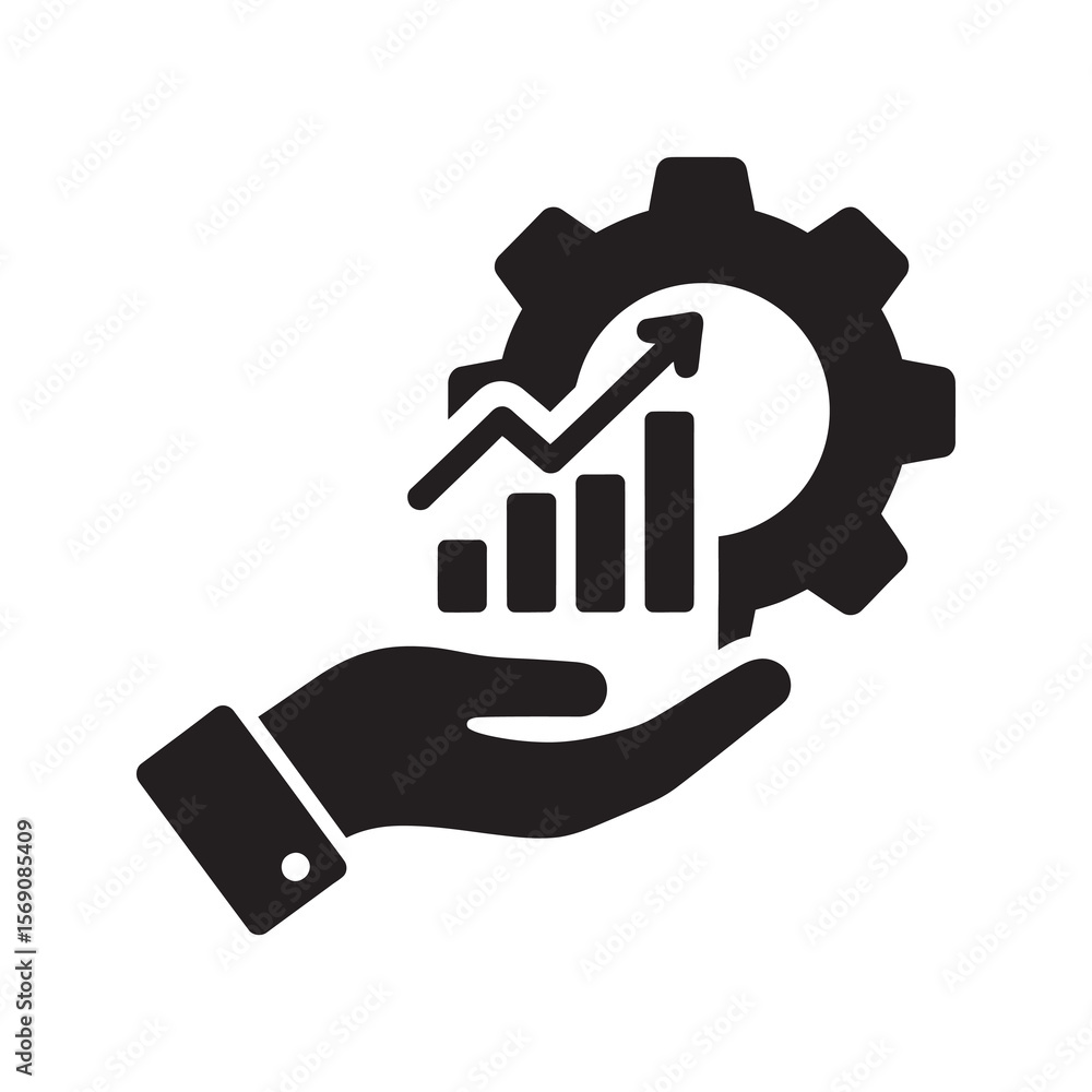 Poster operational efficiency solid glyph icon with hand holding a gear and growth chart for performance im