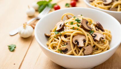 Spaghetti pasta with mushrooms and herbs in white bowl on wooden table  