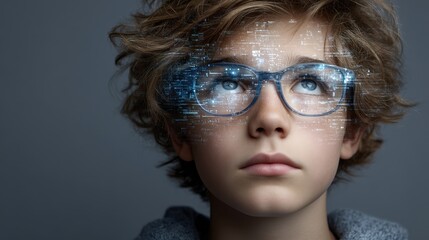 Generation Z teen immersed in a world of flashing content streams and mental noise while wearing AI-enhanced glasses in a quiet room