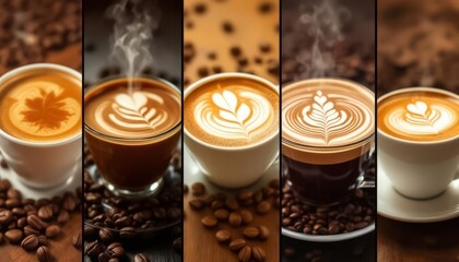 Variety of Coffee Cups with Different Latte Art Designs.