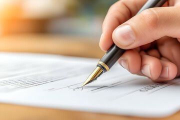 Signing Document with Elegant Fountain Pen for Agreement or Authorization, motion blur Business concept, motion bokeh background