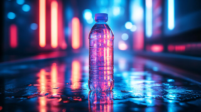 Plastic water bottle standing on wet surface with vibrant neon lights in futuristic urban setting
