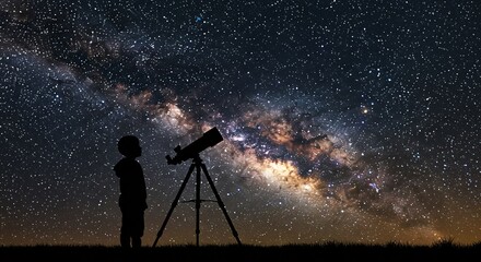 Silhouette of a boy stargazing through a telescope under the Milky Way galaxy