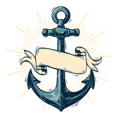 Drawn decorative anchor and ribbon nautical emblem