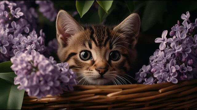 Cute kitten explores a bed of lilacs in a cozy garden setting on a sunny afternoon
