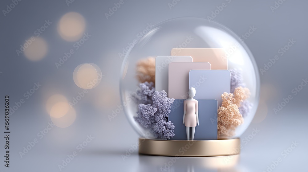 Aufkleber human figure floats within transparent bubble of curated digital content, isolated from reality in a