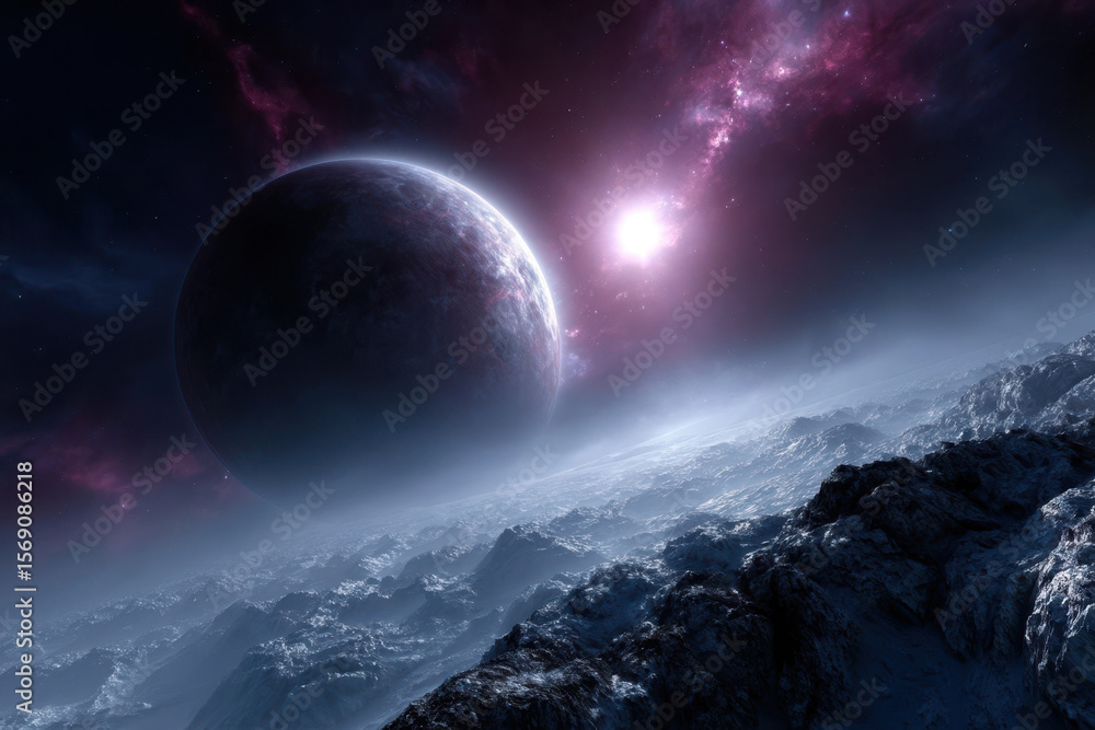 Poster vast cosmic landscape with distant planet and celestial phenomena in dark space