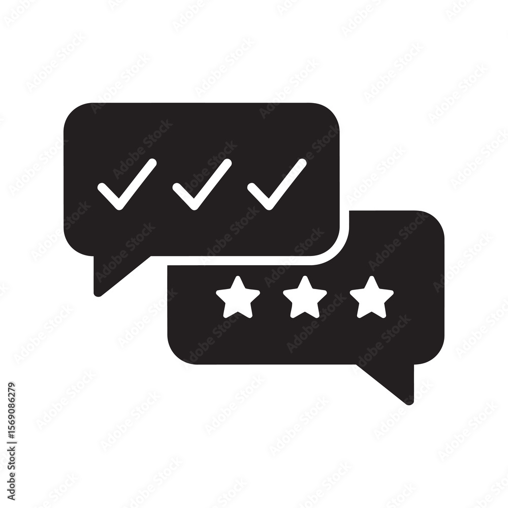Poster positive survey feedback icon with chat bubbles showing check marks and stars representing customer 