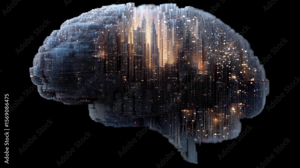 Aufkleber concept of an abstract brain displays disconnected video fragments illustrating chaotic loops and em