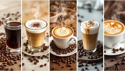 Variety of Coffee Cups with Different Latte Art Designs.