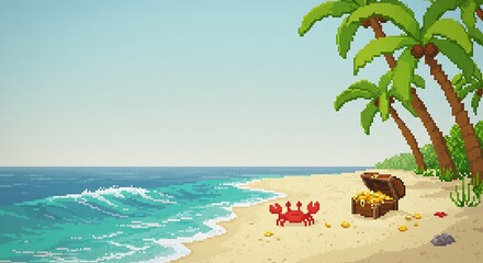 A pixelated beach scenery showcasing a crab, treasure chest, palm trees and beautiful ocean waves on a sunny day.
