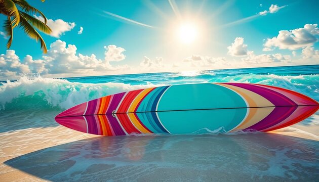 Abstract vibrant surfboard graphic on tropical beach background, sun rays, ocean waves, waves, sand