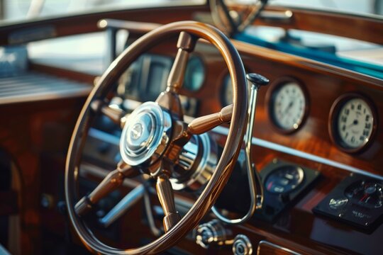 Polished wooden steering wheel and dashboard instruments gleaming on a luxury boat, evoking timeless elegance and nautical adventure