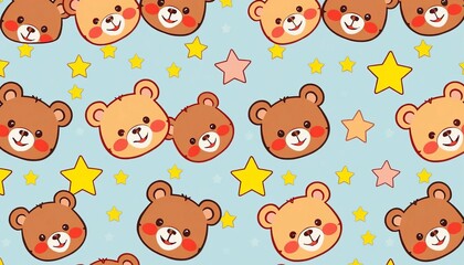 Adorable cartoon bear heads and stars seamlessly repeat in a cheerful design,  cuddly,  night sky