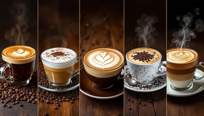 Variety of Coffee Cups with Different Latte Art Designs.