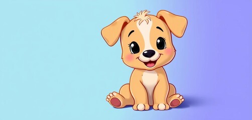 Adorable cartoon puppy sits on a vibrant blue background, illustration, dog illustration