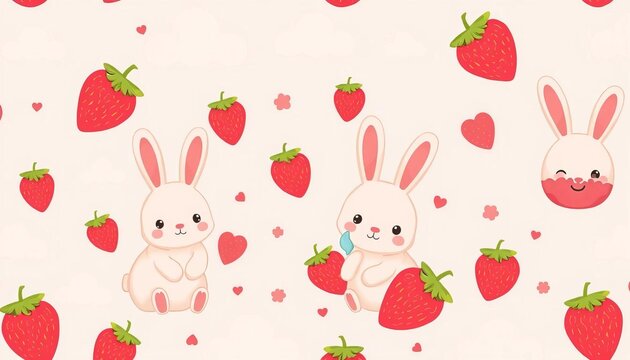 Adorable kawaii seamless pattern featuring cute bunnies, strawberries, clouds, and a pastel sky  , pastel, white
